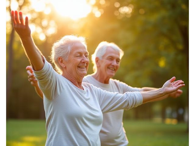 Älteres Paar lacht und macht Yoga in einem sonnigen Park
